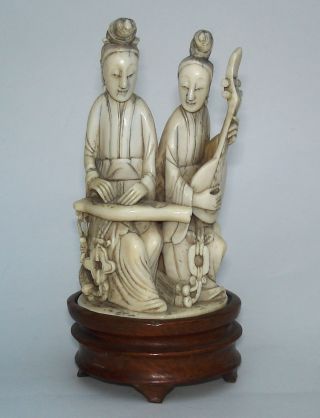Antique Chinese Faux Ivory Carved Musicians On Stand. photo