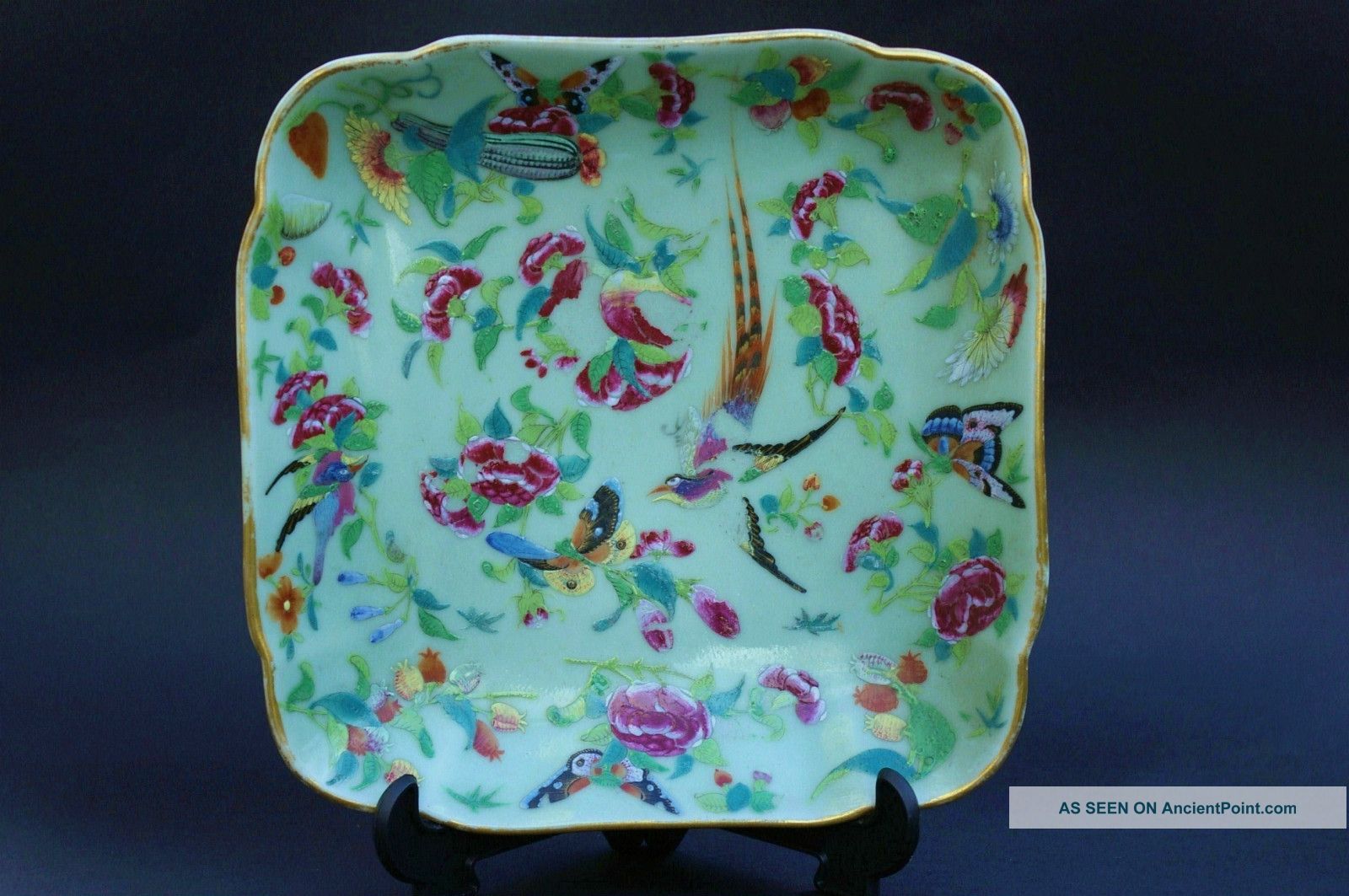 Antique Chinese 19thc Celadon Handpainted Square Dish Plates photo