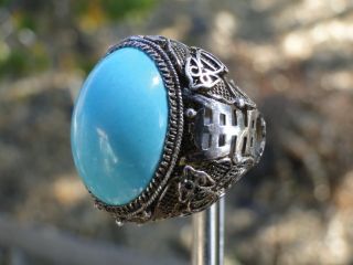 Antique Vtg Chinese Sterling Silver Filigree Vermeil Nouveau Aqua Turquoise Ring photo
