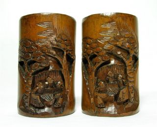 Pair Of Antique Chinese Bamboo Brush Pots,  Early 20thc photo