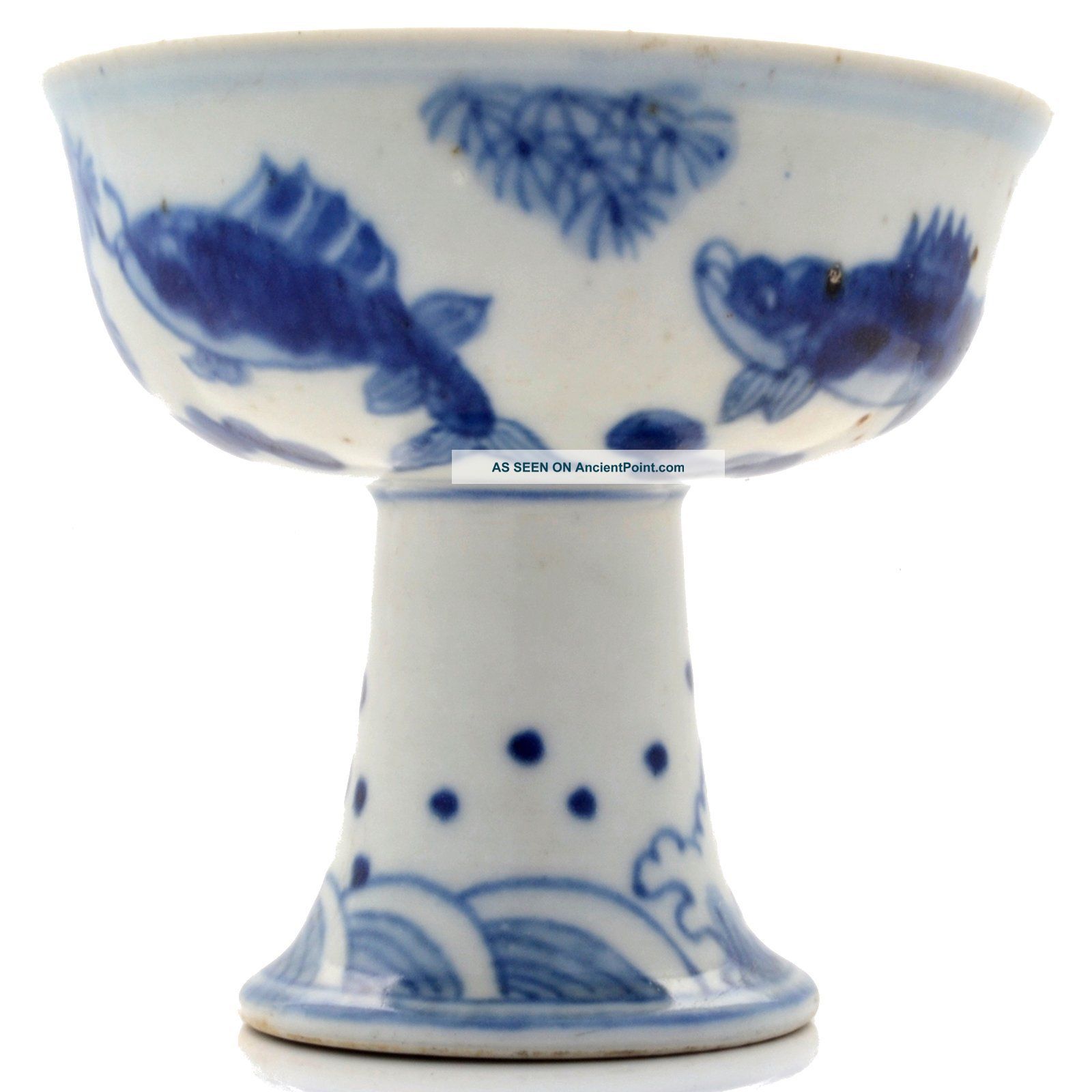 Antique Chinese Blue And White Qianlong Stem Cup Tazza Koi Fish Carp Sea Signed Cups, Mugs photo