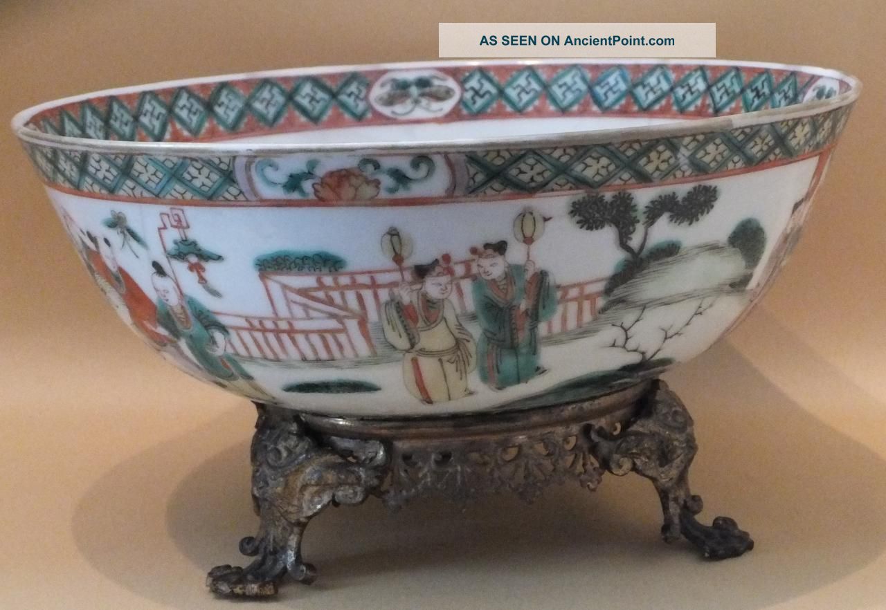 Chinese Handpainted Famille Verte Bowl & Stand Qianlong C1736 - 95 Porcelain photo