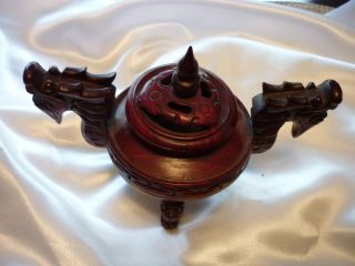 Antique Chinese 19th Century Rosewood Carved Phoenix Dragon Footed Urn Box photo