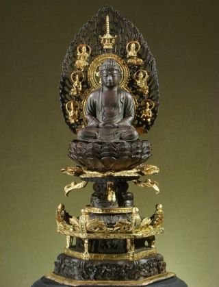 Buddha: Antique Tibetan Sammasamadhi Enthroned,  Bronze,  Parcel Gilt,  C.  1850 photo