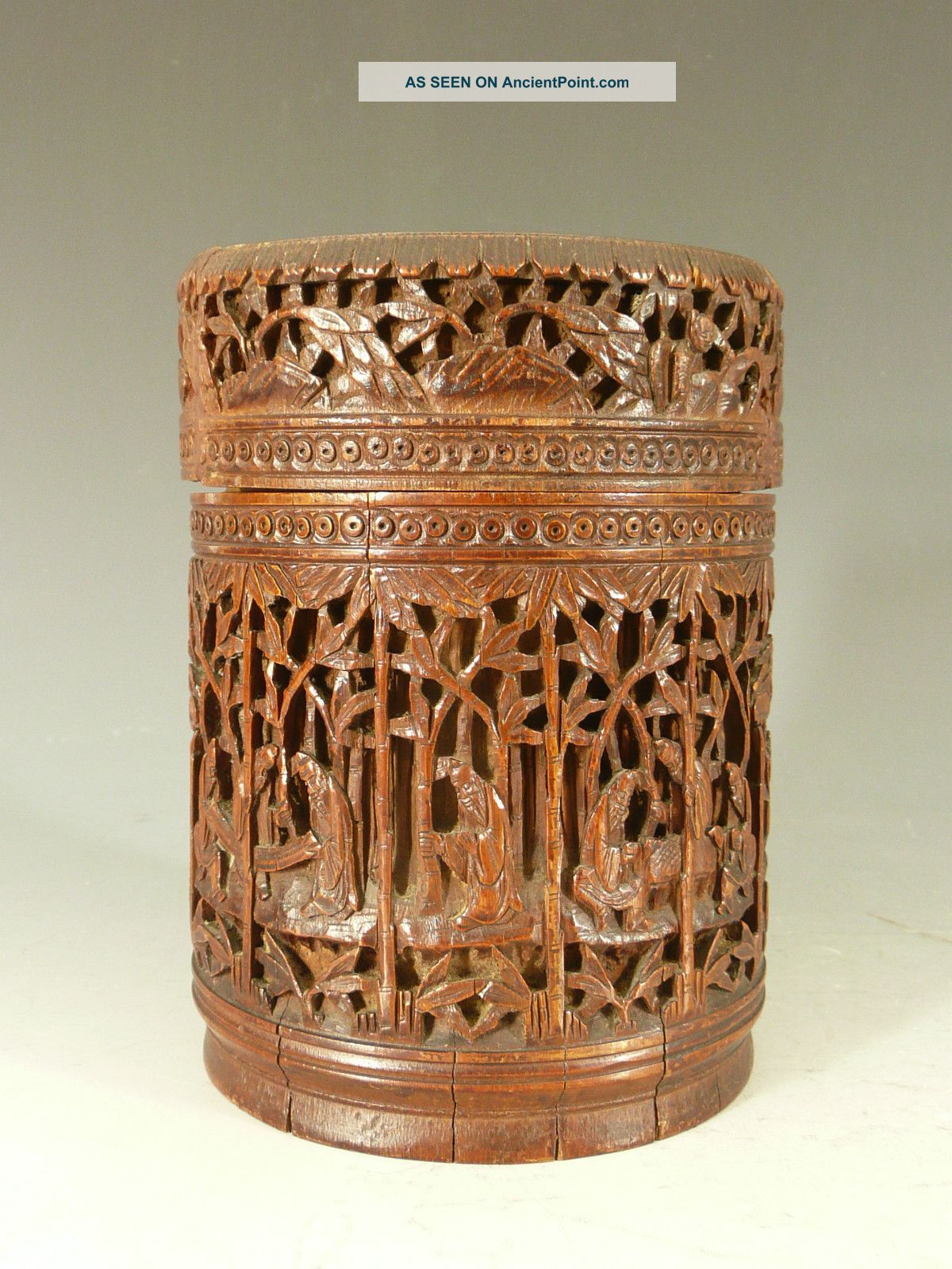 Chinese Carved Bamboo Brushpot And Cover 19thc Woodenware photo