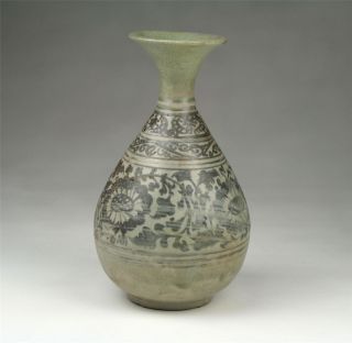 Large Antique 14/15thc Thai Sawankhalok Black Underglaze Pear Shaped Bottle Vase photo