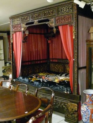 Antique 19c Asian Chinese Hand Carved Wood Panel Temple Opium Bed photo