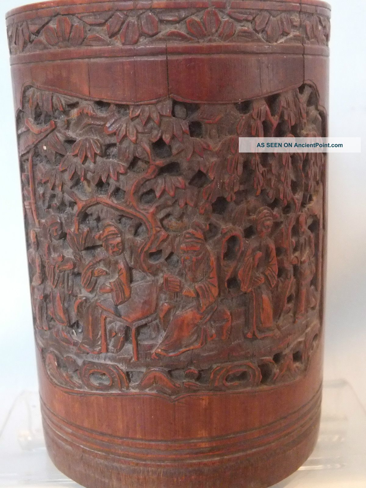 18th C Carved Chinese Bamboo Brush Pot With Figural Scenes & Script Decor Woodenware photo