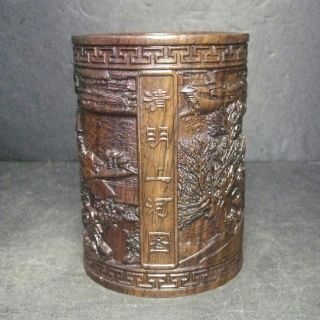 F728: Chinese Wooden Ware Brush Pot Made From Hard Heavy Quality Karaki photo