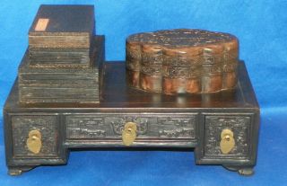 Chinese Scholar ' S Desk Set Harved Hardwood 19th Century photo