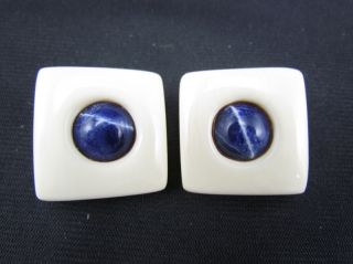 Chinese Carved Ox Bone Faux Ivory W/ Cabochon Lapis Earrings photo