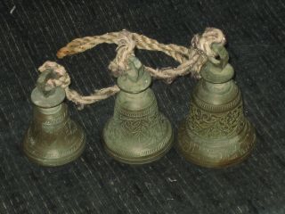 3 Antique Etched Brass Bells With Ringers On A Rope - 