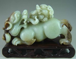 825g Old Chinese Hetian Jade Carved Double Beast Carving photo
