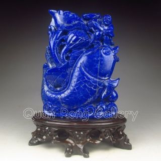 Chinese Lapis Lazuli Statue - Fortune Kid,  Carp & Lotus Nr photo