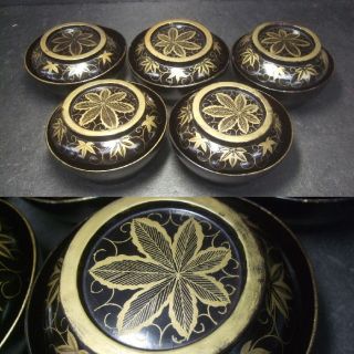 F693: Japanese Old Lacquer Ware Covered Bowl With Good Maple Leaf Makie.  5set photo