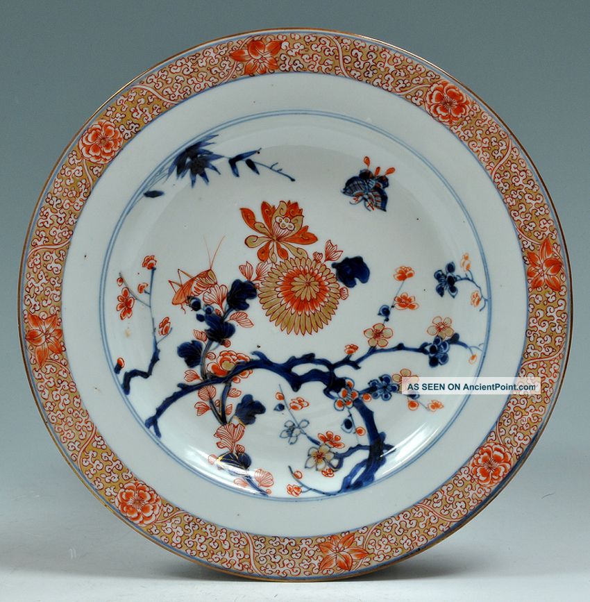 A 18th C Chinese Antique Imari Export Plate With Grasshopper Qianlong Plates photo