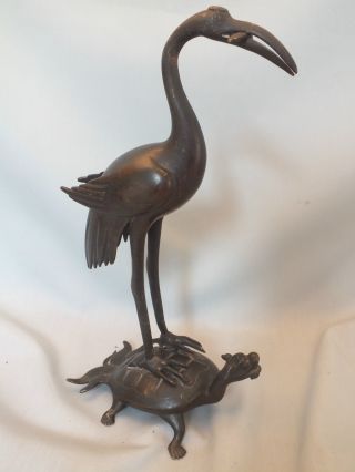 Chinese Bronze Figure Of A Crane With A Fish Standing On A Turtle 19thc photo