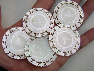 5 Magnificent Chinese Carved Antique Mother Of Pearl Mop Gaming Counter photo