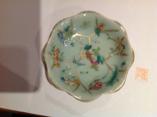 19thc (?) Famille Rose Celadon Footed Bowl With Floral Design With A Butterfly. photo