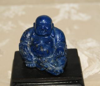 Chinese Carved Lapis Lazuli Stone Buddha Figure On Footed Wooden Stand Nr photo