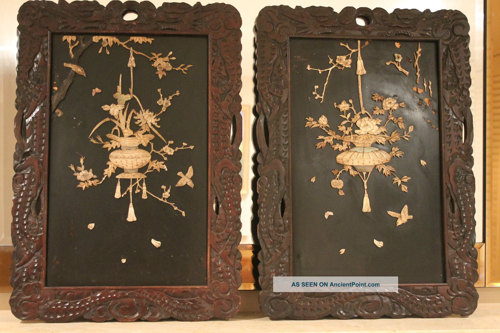 Pair Of Japanese Antique Meiji Shibayama & Inlaid Carved Cow Bone Framed Panels, Other photo