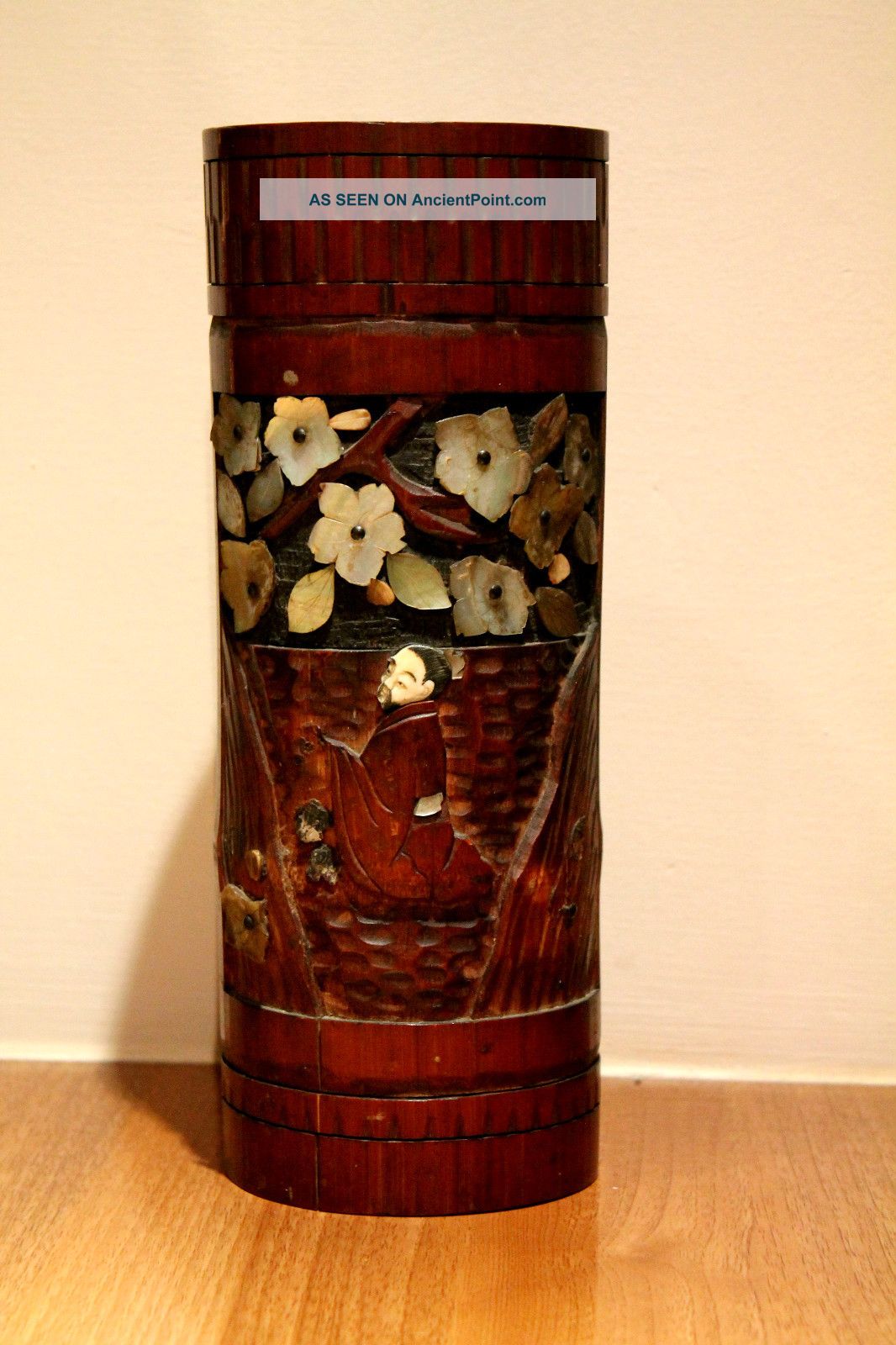Japanese Antique Meiji Bamboo Shibayama & Carved Cow Bone Brush Pot, Other photo