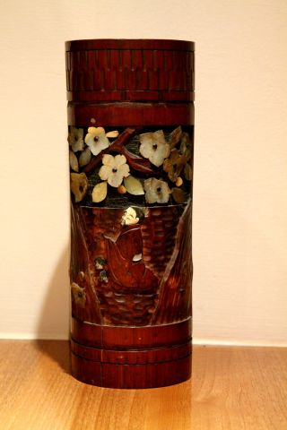Japanese Antique Meiji Bamboo Shibayama & Carved Cow Bone Brush Pot, photo