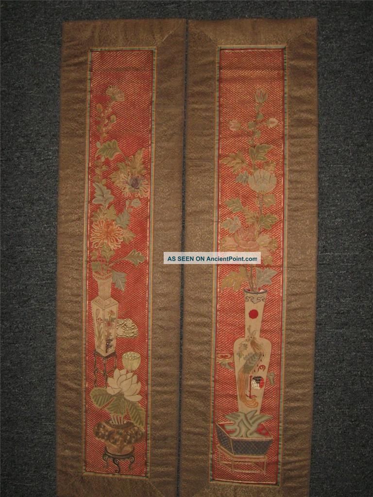 Finest Pair 19th C Chinese Embroidery Silk Forbidden Stitch Gold Thread Flowers Robes & Textiles photo