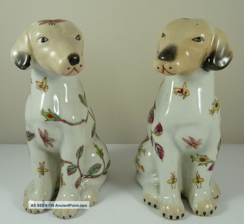 Pair Chinese Porcelain / Pottery Dog Figure Painted With Roses - Red Seal Mark Porcelain photo