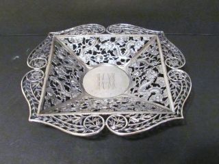 Fine Chinese Export Silver Small Tray W/intricate Open Work Dragon Detail photo
