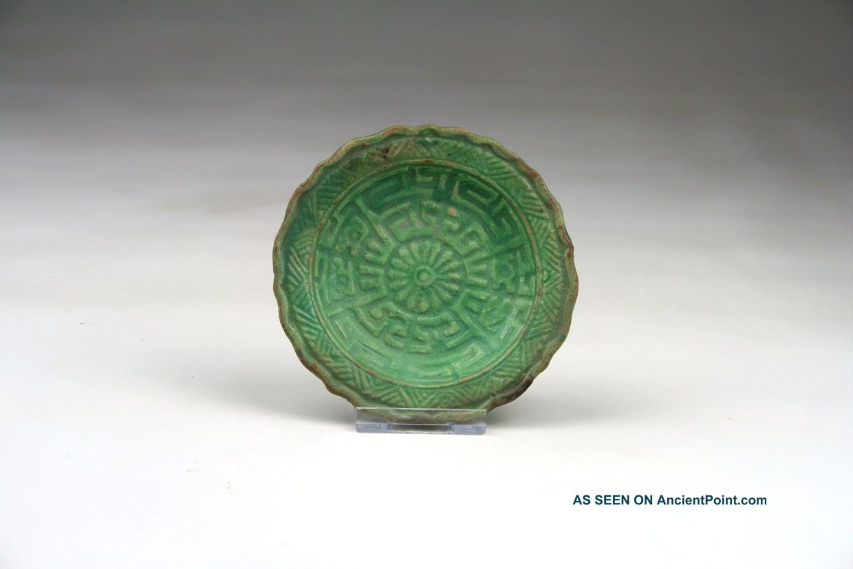Small Antique 18/19thc Chinese Qing Biscuit Green Glazed Moulded Bowl Or Saucer Bowls photo