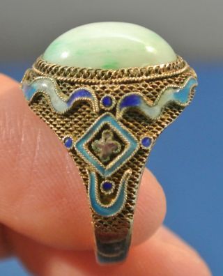 Vintage Chinese Silver Filigree Enamel Jade Jadeite Ring photo