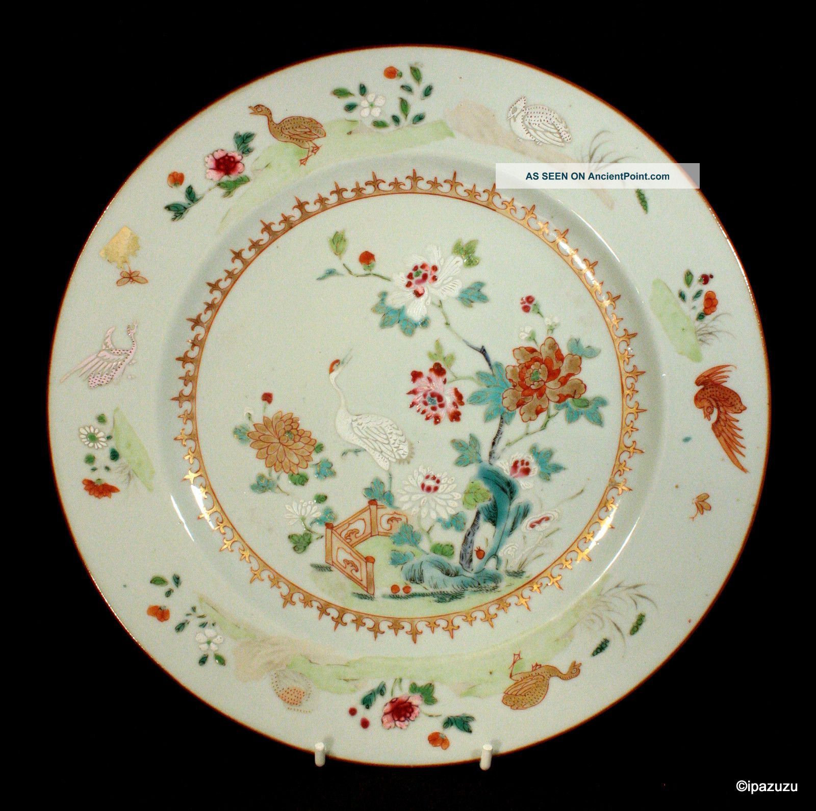 Chinese Antique Famille Rose Porcelain Plate Stork Birds & Flowers 1700s Plates photo
