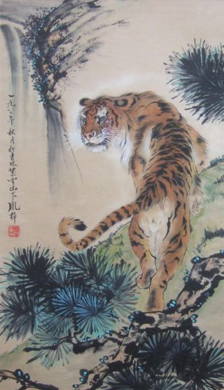 F935: Chinese Hanging Scroll Tiger On Pine Tree With Waterfall. photo