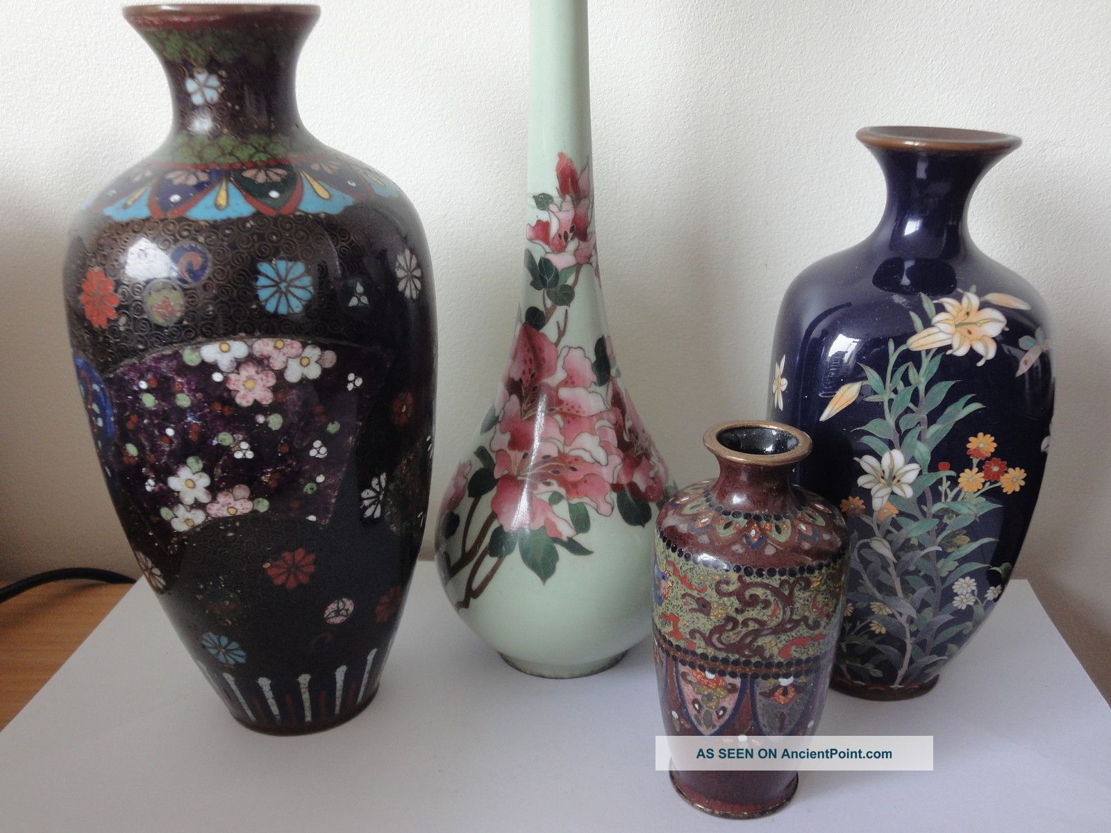 Collection 4 Antique 19thc Japanese Meiji Period Cloisonne Vases Silver Wire Af Cloisonne photo