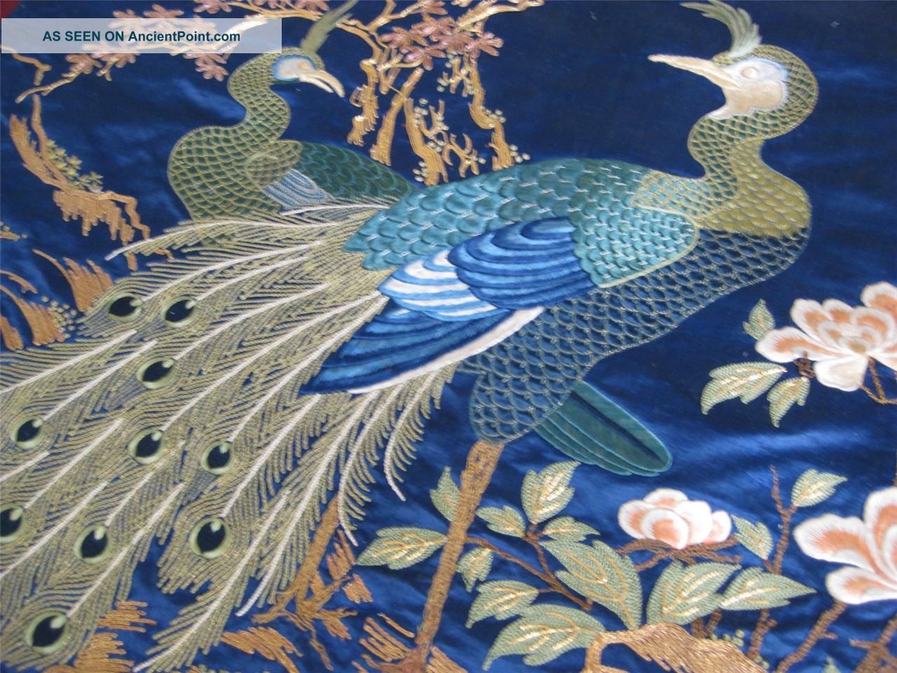 Antique Japanese Silk Hand Embroidered Peacock Panel - Silk & Gold Work Textiles photo