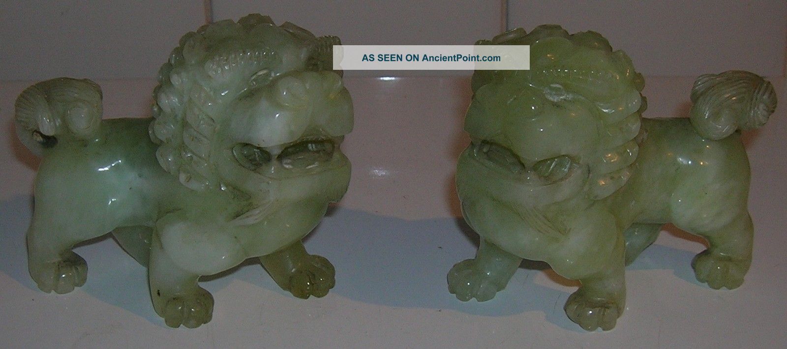 Pair Antique Chinese Carved Jade Foo Dogs Temple Lion Figures Jade/ Hardstone photo