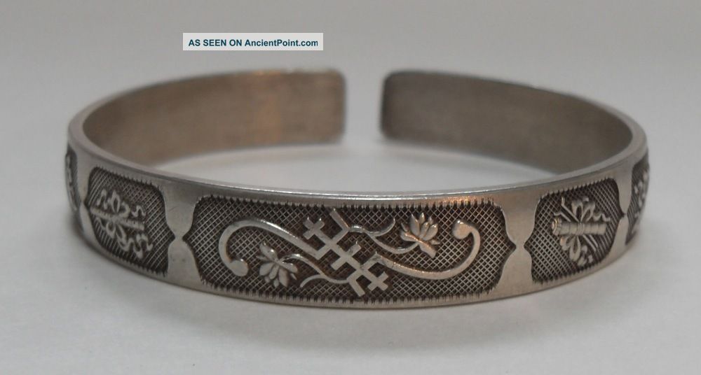 Antique Chinese Carved Silver Bangle W/ Buddhist Symbols Bracelets photo