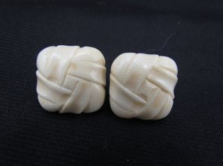 Fine Chinese Carved Ox Bone Faux Ivory & 14k Gold 585 Earrings B photo