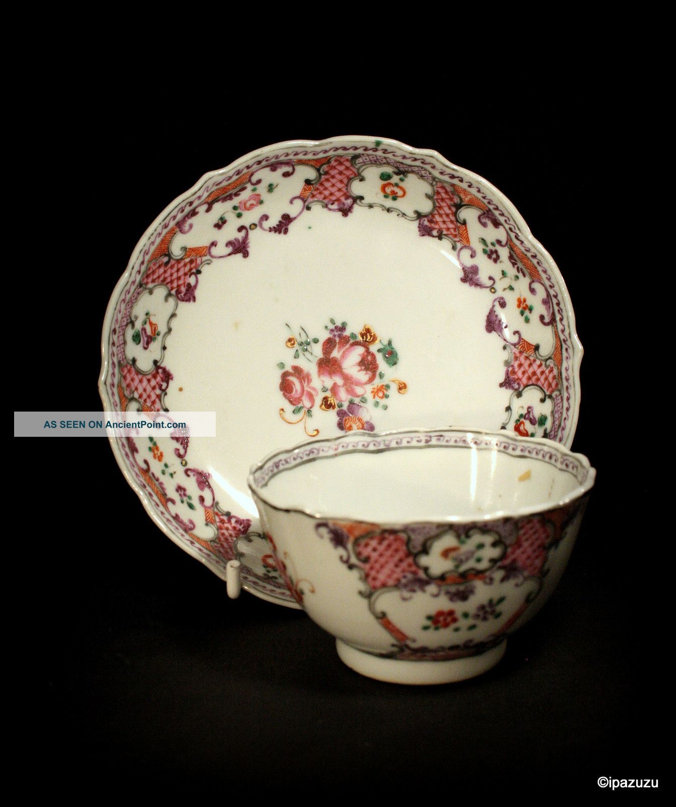 Chinese Antique Famille Rose Porcelain Tea Bowl & Saucer Circa 1780s Plates photo