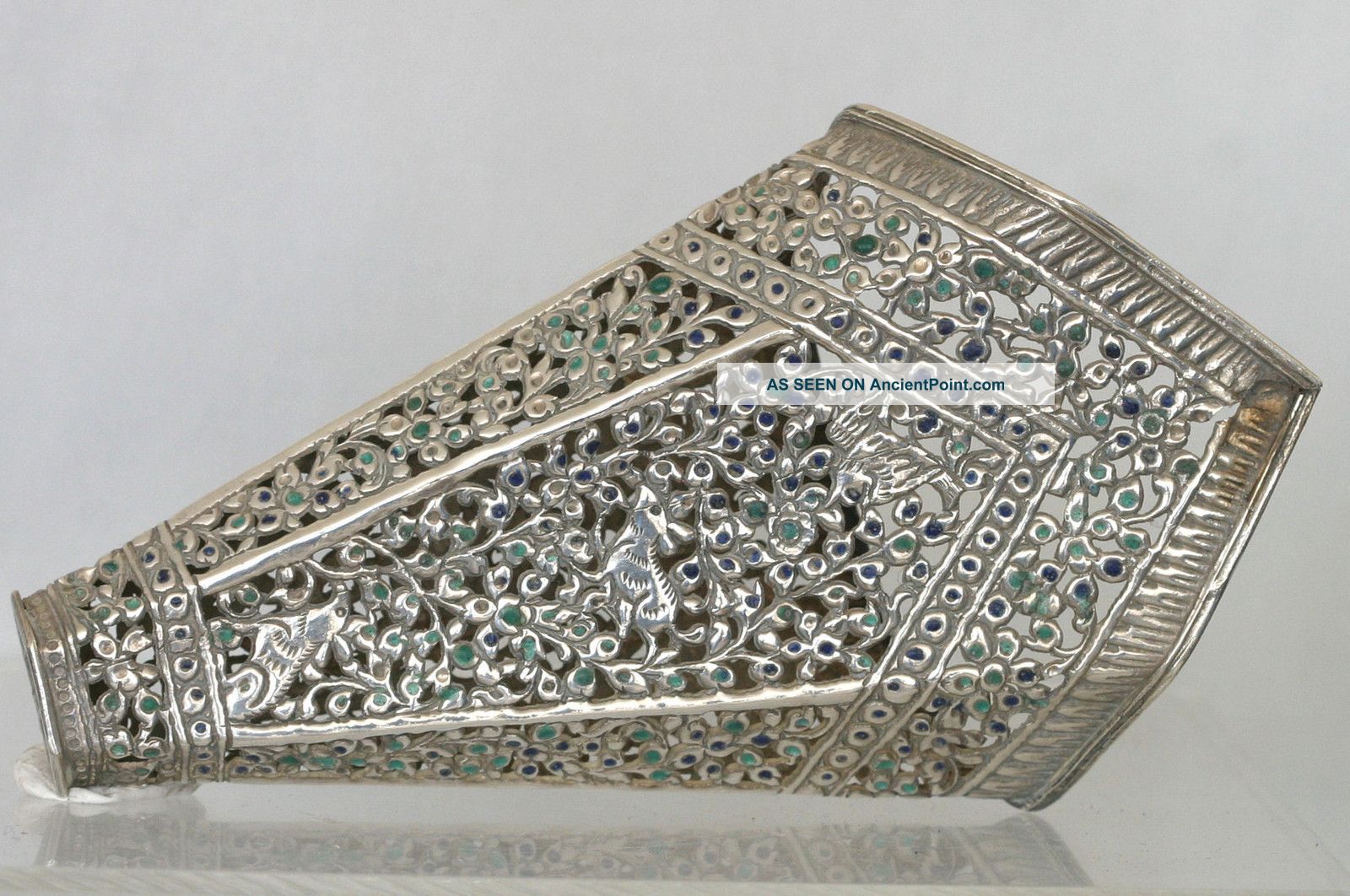Late 1800s Antique Solid Silver Container Inlaid With Green & Blue Gem Stones Other photo