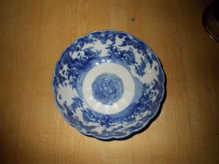 Large 19c Chinese Blue & White Handpainted Bowl,  Figures,  Phoenix Bird photo