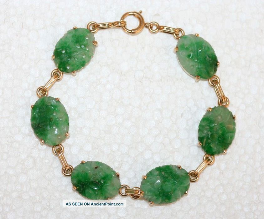 Antique Chinese 14k Yellow Gold Carved Apple Green Jadeite Jade Floral Bracelet Bracelets photo