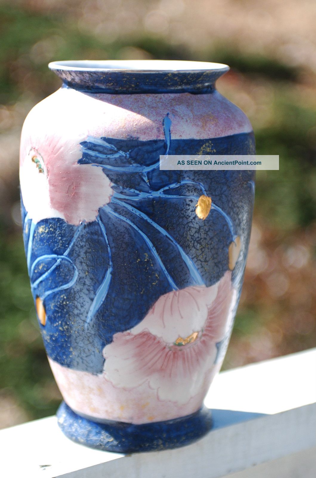 10” Old Asian Chinese Porcelain Vase Japanese Antique Vintage Signed Blue Gold Vases photo