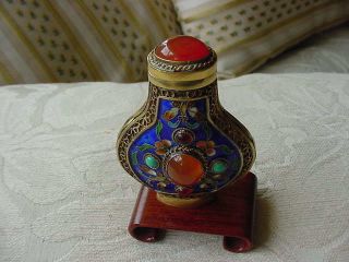 Vintage Chinese Enameled Snuff Bottle Filigree Carnelian,  Turquoise Cobalt/penda photo