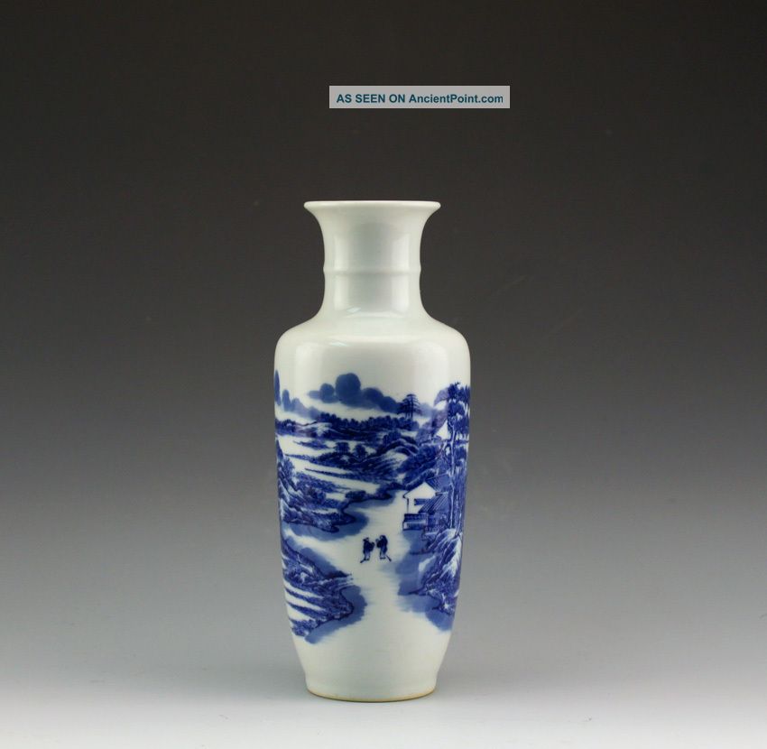 19th C.  Fine Blue & White Mountain River Landscape Porcelain Vase Qianlong Mark Vases photo