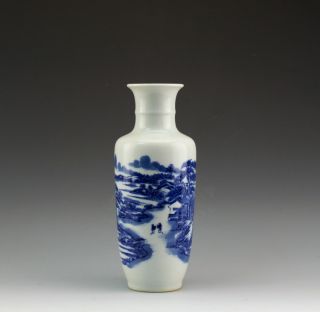 19th C.  Fine Blue & White Mountain River Landscape Porcelain Vase Qianlong Mark photo