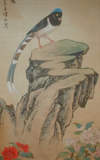 Vintage Chinese Magpie Bird Floral Hand Painted Scroll Kakejiku 297 photo