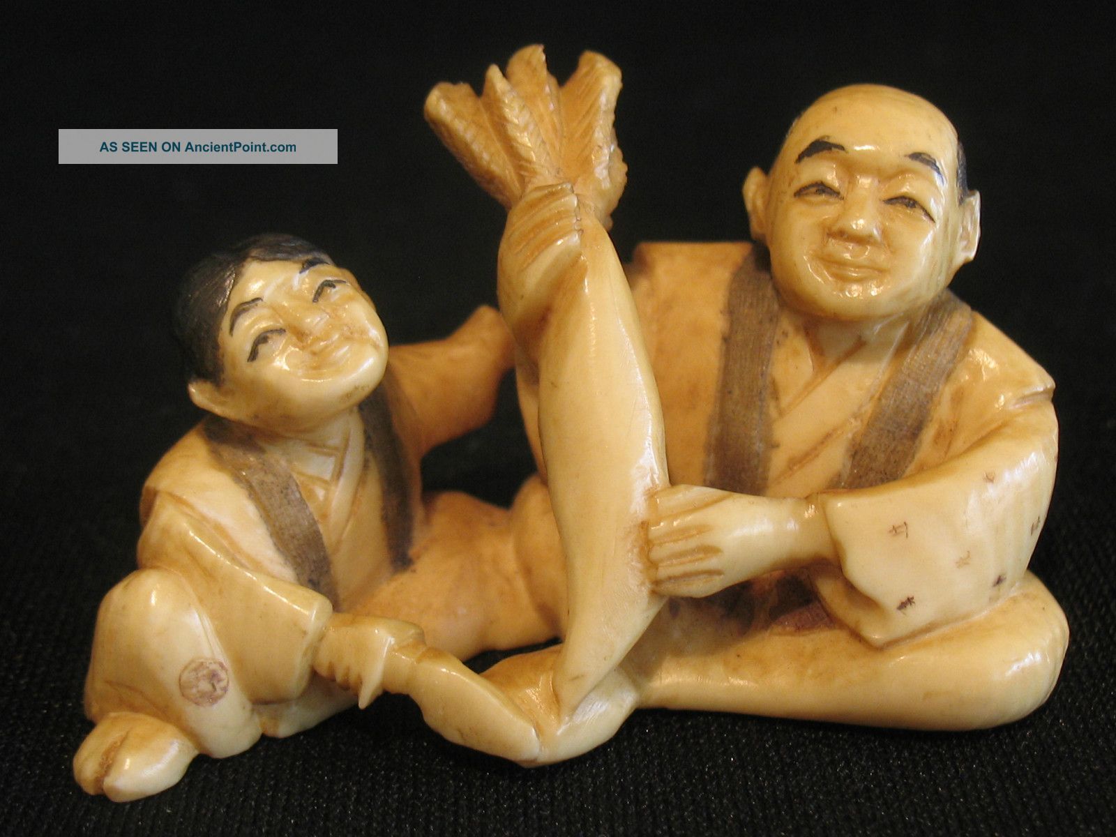 Antique Japanese 象牙 Ox Bone Netsuke Okimono Group A Man & A Boy,  Signed,  Good Netsuke photo