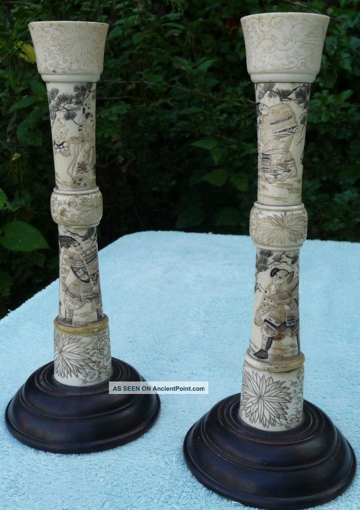 Antique Pair Of Meiji Japanese Cow Bone Hand Carved Candlesticks Other photo
